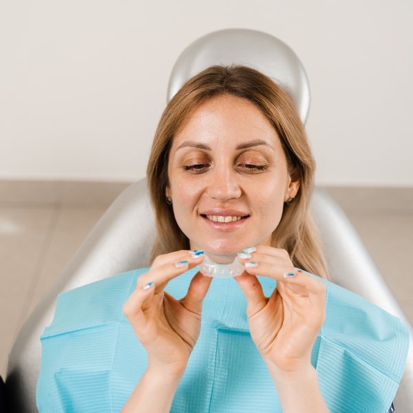 Smiling woman in a dental chair holding a removable clear dental appliance